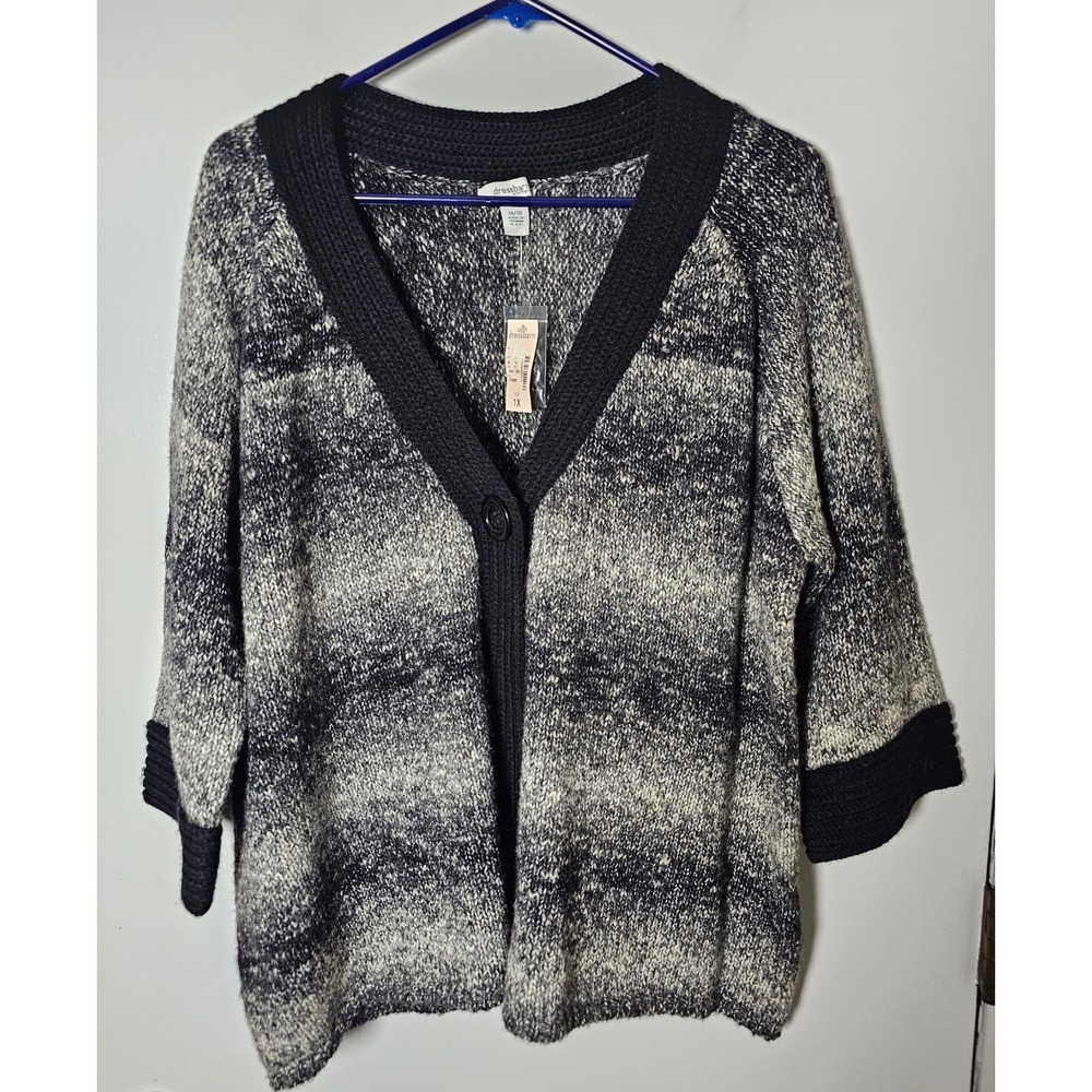 Dressbarn Woman Cardigan Sweater Black White Space Dye Wool Blnd Sz 14/16 1X NWT